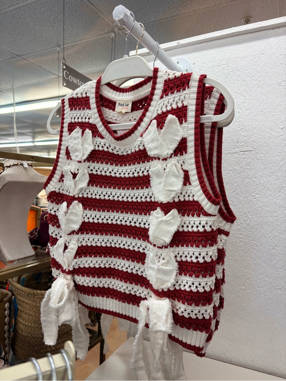NWT, Peach Love California Red & White Crochet Tie-Front Tank, S-L